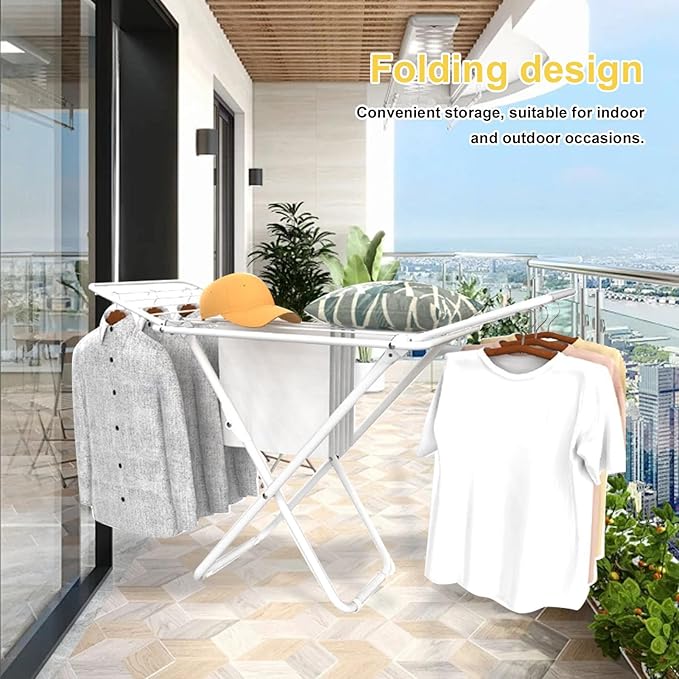 Diydeg Clothes Drying Rack, Foldable Portable Laundry Drying Rack with Height Adjustable Wings, Space Saving Heavy Duty Metal Clothes Hanger for Indoor Outdoor Use, Laundry Room