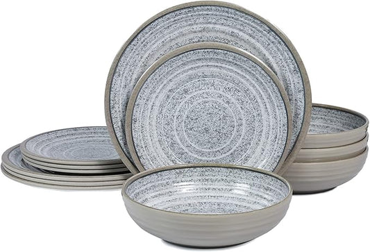 Melamine Dinnerware Sets 12 PCS - Service for 4 Plates & Bowls Sets Dishwasher Top-Shelf Safe, BPA Free Dinner Dishes Set for Everyday Use-Granite Pattern Gray