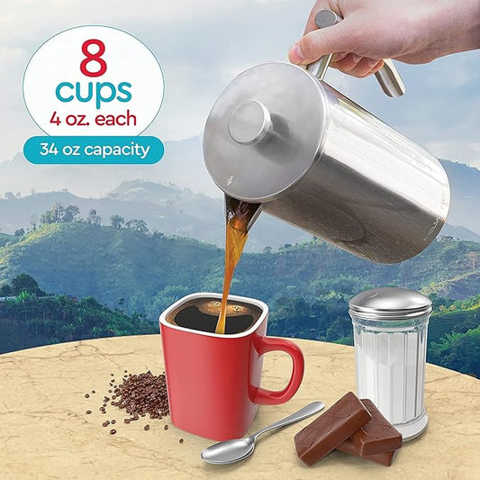 Belwares French Press Coffee Maker 34oz - 304 Stainless Steel Insulated Coffee Press, Double-Wall Heat Resistant Design with 4-Level Filtration System, Rust-Free & Dishwasher Safe (1.5 Liter), Silver