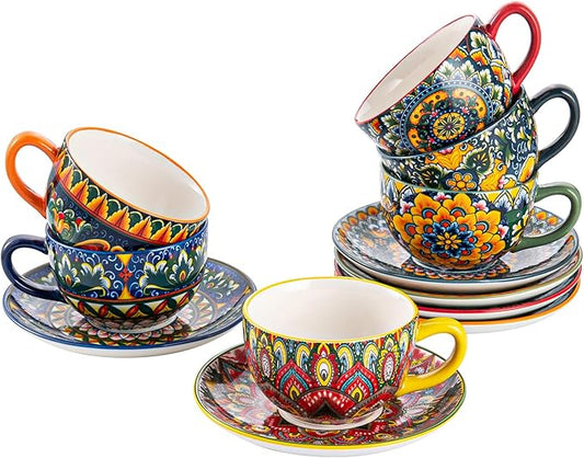 Henten Home 8.5 oz Cup with Saucers Set, Ceramic Coffee Mug Set of 6, Colorful Porcelain Cup for Latte, Tea, Cappuccino, Hot Cocoa, Espresso, Microwave & Dishwasher Safe