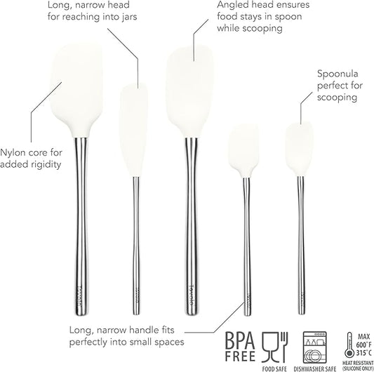 Tovolo 5-Piece Spatula Stainless Steel & Silicone Utensil Set (White): Jar Scraper, and Mini Spoonula