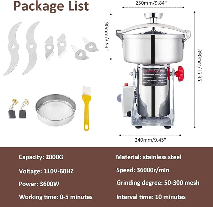 Electric Grain Mill Grinder 3600W Dry Material Grinding Machine 2000g Stainless Steel Pulverizer 36000r/min High-speed Grain Mill 270° swingable Superfine powder for Home and Commercial 2000g