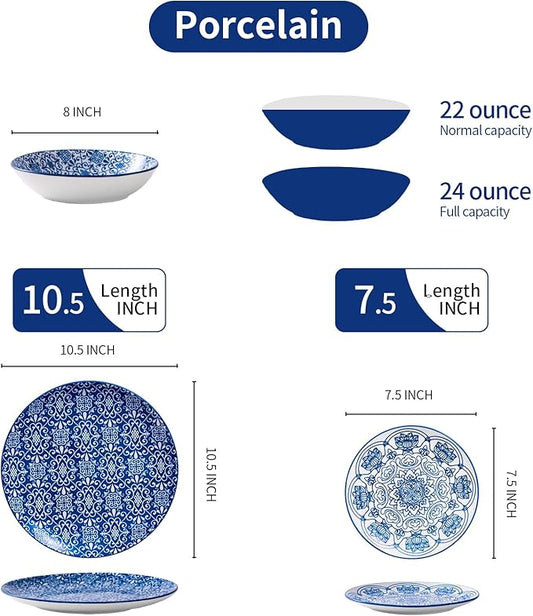 Bestone Porcelain Dinnerware Sets Service for 4, 12 pcs Hand drawn Plates and Bowls Sets, Handmade Ceramic Dish Set, Chip Resistant Modern Plate Set, Dishwasher/Microwave Safe，Vintage Blue