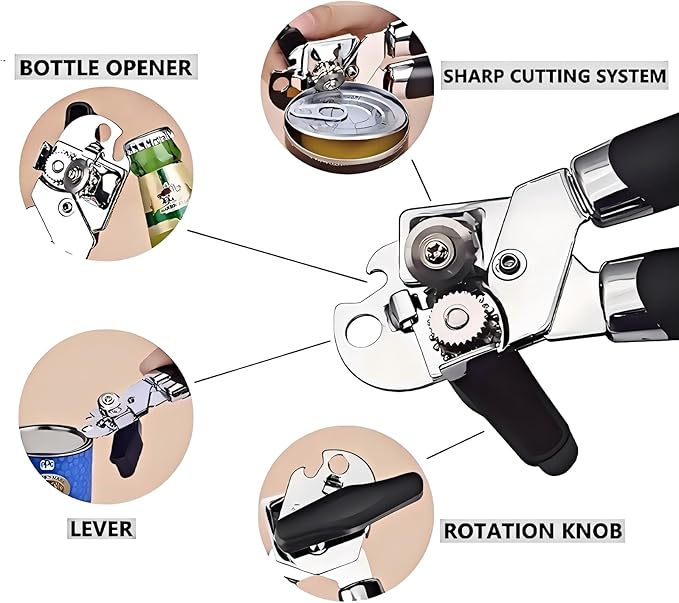 Safe Cut Can Opener with Wine Corkscrew 1 set of - Ergonomic Manual Can Opener, Food Grade Stainless Steel, Smooth Edge Cutting for Kitchen & Restaurant