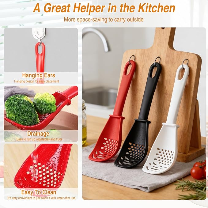 Multifunctional Kitchen Cooking Spoon, Upgraded Heat Resistant Kitchen Utensils Slotted Spoon, Food Grade Cooking Utensils for Cooking, Draining, Mashing, Grating, Separating (Black + Red + White)