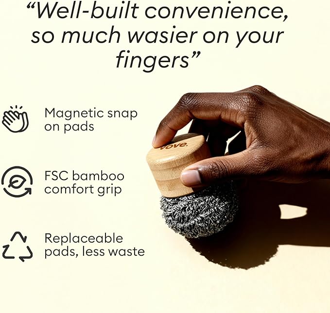 Vove Magnetic Scourer & Bamboo Dish Brush Set, Stainless Steel Scrubber with FSC-Certified Bamboo Handle and 3 Pads, Sisal Fiber Brush, for Cast Iron, Pots & Pans, Eco-Friendly Kitchen Cleaning Bundle