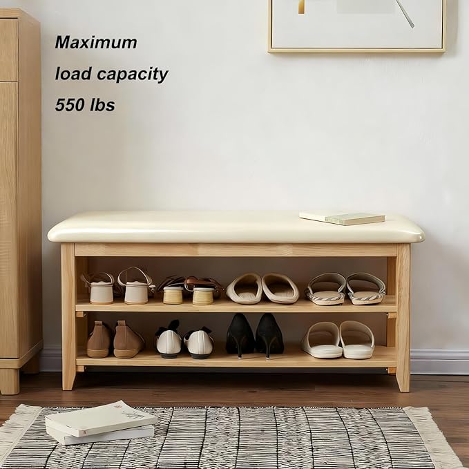 Shoe Bench Storage with Leather Cushion, Rustic Solid Wood Entryway Bench with 2 Height-Adjustable and Removable Shelves for Hallway, Living Room, Mudrooms (Natural Wood,39.4")