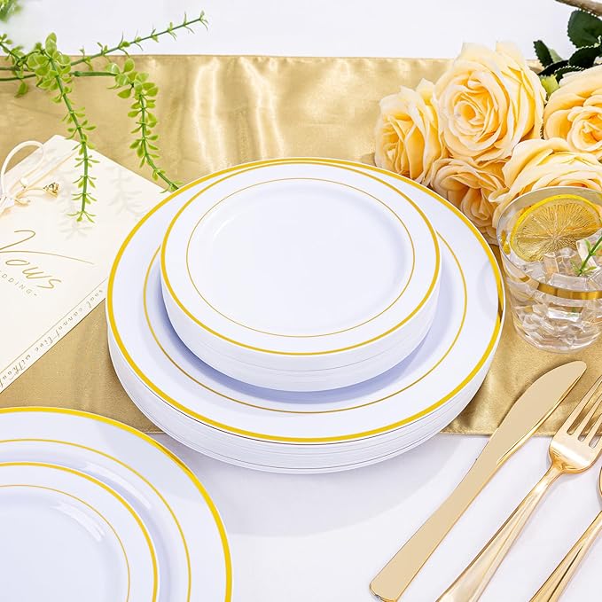 Gold Disposable Dinnerware Set for 100 Guests - 600PC BPA-Free Plastic Plates & Cutlery Kit with 100 Dinner Plates, Salad Plates, Forks, Knives, Spoons & Cups for Wedding, Party, Catering (Heavy-Duty)