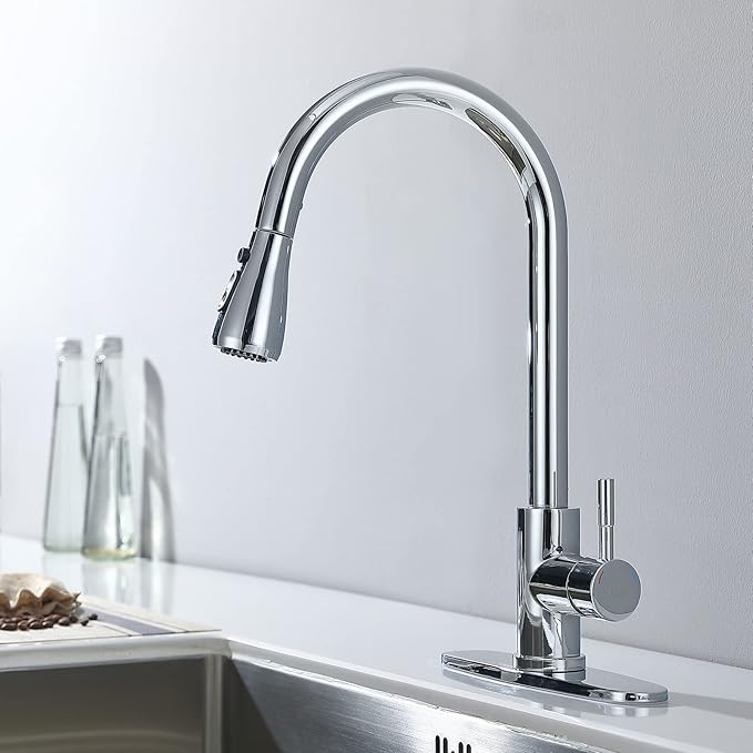 Keer Polished Chrome Single Handle Pull Down Kitchen Faucet with Soap Dispenser, 3 Modes Sprayer, Easy Assembly, Single Handle High Arc Stainless Steel Faucet