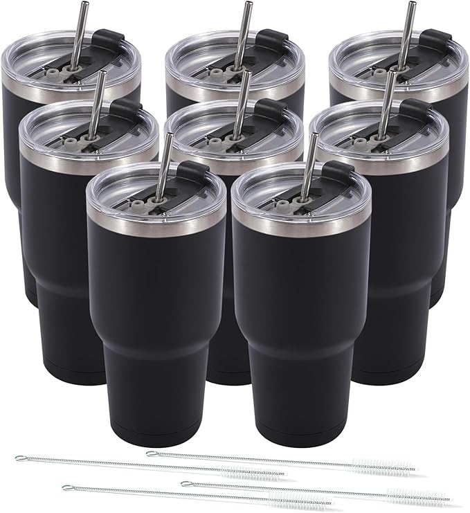Dongni 30 oz Tumbler with Lid and Straw, Stainless Steel Tumblers Bulk, Insulated Vacuum Double Wall Travel Coffee Mug, Durable Powder Coated Tumbler Cups（Black 8 pack）