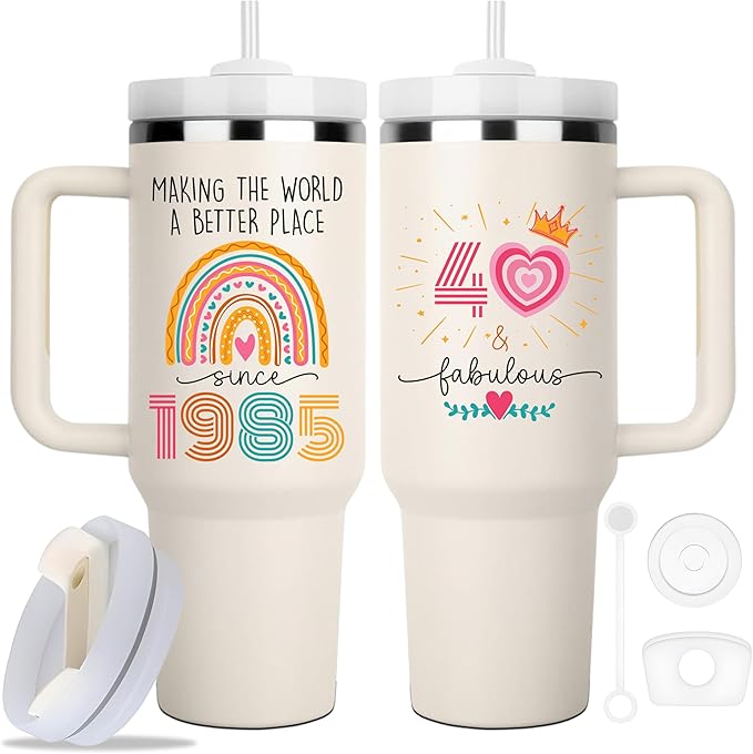 40TH Birthday Gifts for Her, Vintage 1985 Tumbler, 40 Year Old Birthday Gift Idea for Women, Funny 40 & Fabulous Bday Gift for Women, Friends, Daughter, Sister, Mom - Turning 40 Present