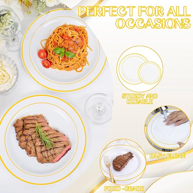WDF 120 pieces Gold Disposable Plastic Plates - White and Gold Plates Include 10.25" Dinner Plate & 7.5" Salad Plate for Christmas/Weddings/Party