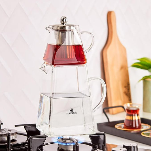 Karaca Giza Borosilicate Glass Teapot with Infuser and Lid for Stovetop, Transparent, 0.45.L Tea Pot & 1.5L Tea Kettle Set for Loose Leaf & Herbal, Dishwasher Safe