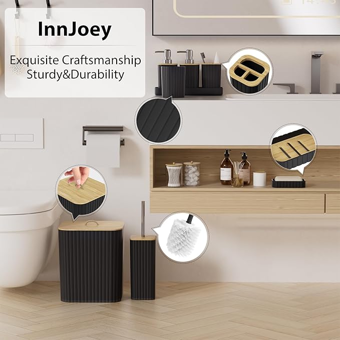 Bathroom Accessory Set - 25PC Bathroom Sets with Shower Curtain and Rugs, Black Bathroom Set, Bathroom Accessories Set, Shower Curtain Sets with Rugs, Bathroom Trash Can & Soap Dispenser