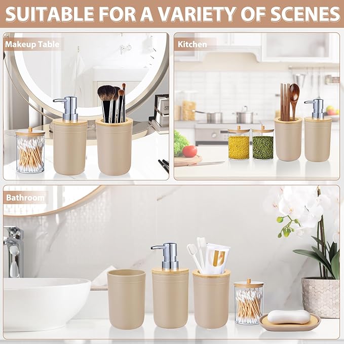 iMucci Bathroom Accessories Set 5Piece Beige Bathroom Sets, Toothbrush Holder, Toothbrush Cup, Lotion Soap Dispenser, Soap Dish and Qtip Holder Bathroom Decor
