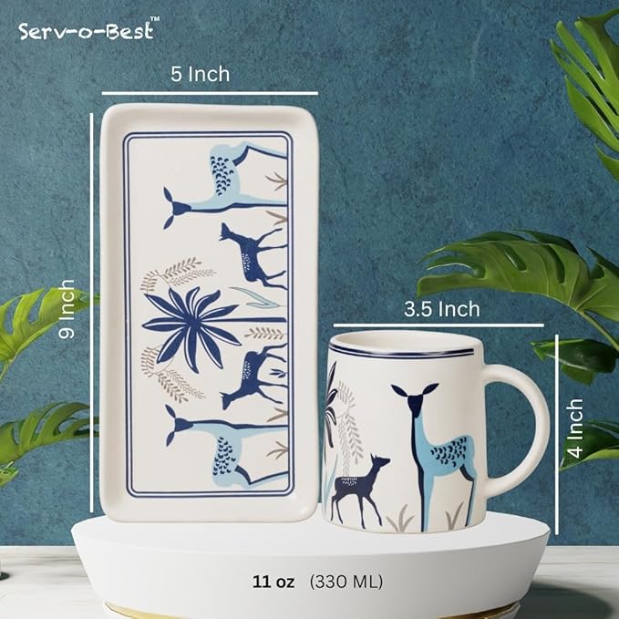 Ceramic Coffee Mugs with Handle Set – 2-Piece 11 Oz Ceramic Coffee Cups & 9" Tray, Handmade White Color, Microwave Safe Gift Set for Tea Lovers, Home Kitchen Décor