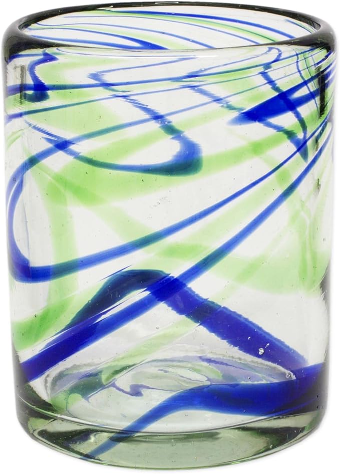 NOVICA Artisan Handblown Recycled Tumbler Drinkware | Rocks Glass Handmade Mexico Drinkware Tumbler | Handcrafted Blown Glass Rocks Blue Green Swirls | Eco-Friendly Drinking Glasses | 10 oz | 'Elegant