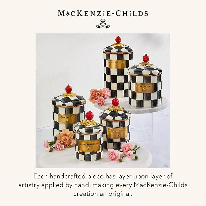 MACKENZIE-CHILDS Large Enamel Canister, Kitchen Storage Container for Flour and Sugar, 1.89 Liters, Black-and-White Courtly Check