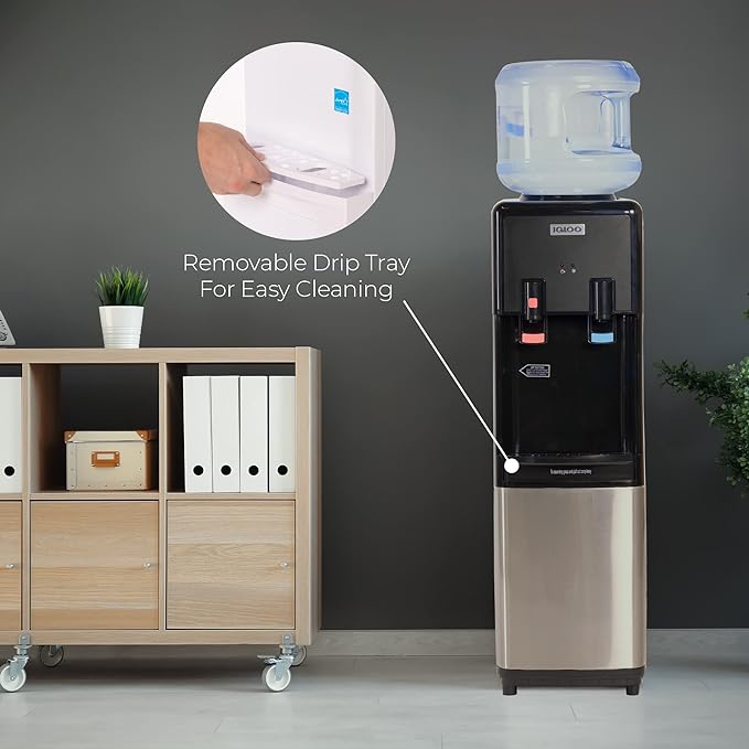 Igloo Top Loading Water Cooler – Hot & Cold Dispenser – Black & Stainless Steel, Holds 3 & 5 Gallon Jugs, Child Safety Lock – for Homes, Kitchens, Offices, Dorms