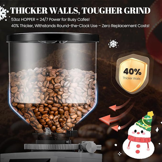 Huanyu Commercial Coffee Grinder with 74mm Flat Burr Reinforced 53oz Bean Hopper (40% Thicker), 15 Stepless Grinds, Touch Screen White