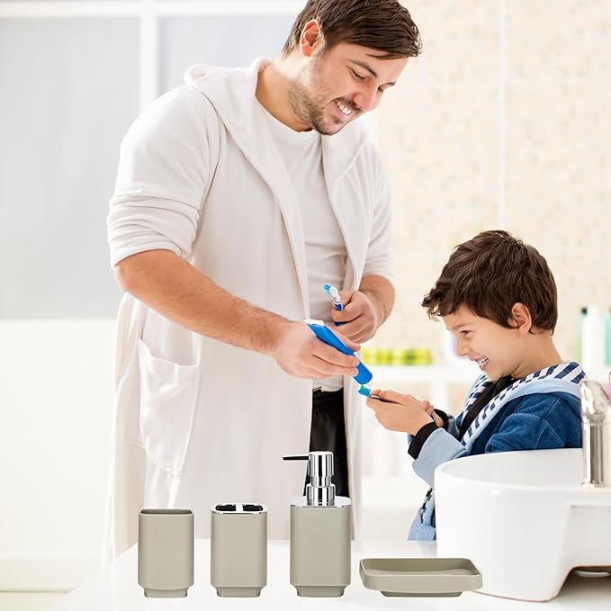 Bathroom Accessory Set 6 Piece Bathroom Accessories Set with Toothbrush Holder&Cup,Soap Dispenser& Dish,Toilet Brush Holder,Trash Can Plastic Gift Set for Bathroom Decorative Countertop (Coffee)