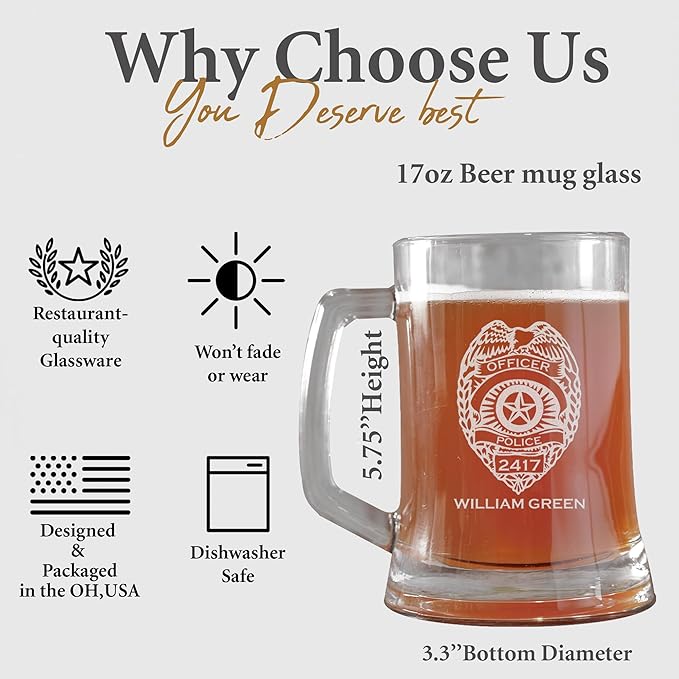 Personalized Police Officer Beer Glass, Custom Name & Number Beer Pint, 16oz Engraved Police Drinkware, Engraving Gifts for Men Dad, Retirement, PD