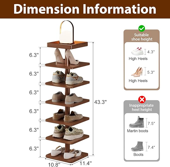 Vertical Shoe Rack for Entryway, Wood Narrow Shoe Rack with Compact Design for Small Space, 6-Tier Shoe Organizer for Entryway Hallway Bedroom Closet