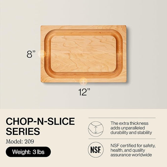 John Boos Chop-N-Slice Series Rectangular Wooden Maple Cutting Board 12”x8” – 1” Thick, 3-lb Reversible Butcher Block with Eased Corners, Juice Groove & Edge-Grain – Made in the USA