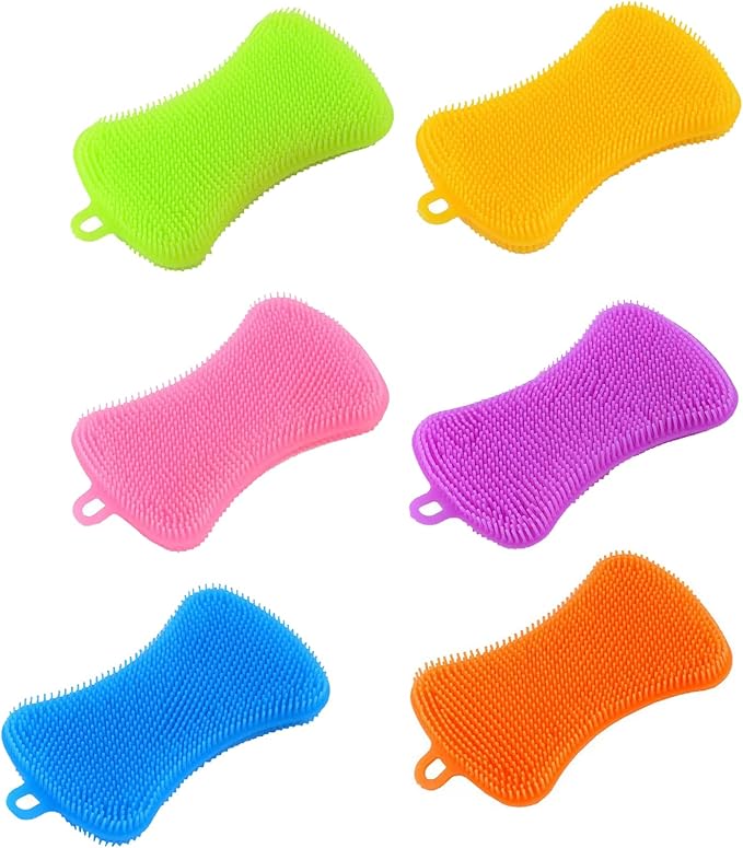6 PCS Silicone Dish Sponges, Super Durable Safe and Dry Fast Silicone Sponge, Multi-Purpose Sponge Kitchen Gadgets, Reusable Rubber Kitchen Dish Dishes Fruits Vegetables Washing Cleaning Sponge Brush.
