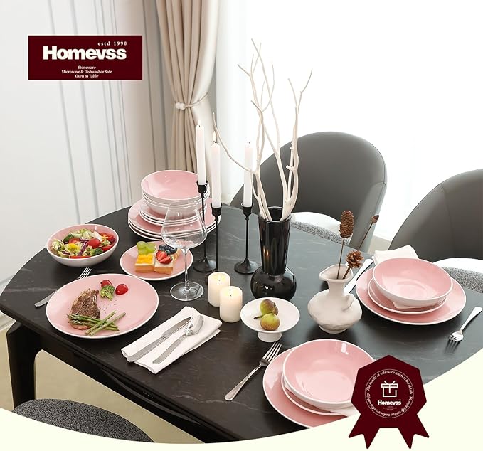 Stoneware Coupe Shape 16pc Dinnerware Set, Outside White + Inside Pink