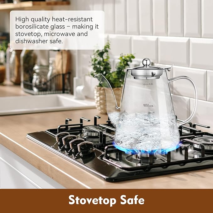 Glass Teapot, 1200ml (40oz) Tea Pot with Infuser for Loose Tea and Blooming Tea, Stovetop Safe Tea Kettle, Hand Crafted Borosilicate Glass Tea Maker with Scale Line, Tea Gift Set for Tea Lovers