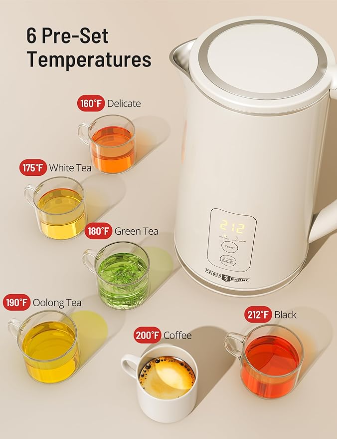 Electric Kettle Temperature Control, PARIS RHÔNE 1.7L Electric Kettle, 4H Keep Warm Water Boiler with 6 Presets, LED Screen Electric Kettles for Boiling Water, Boil-Dry Protection, BPA Free