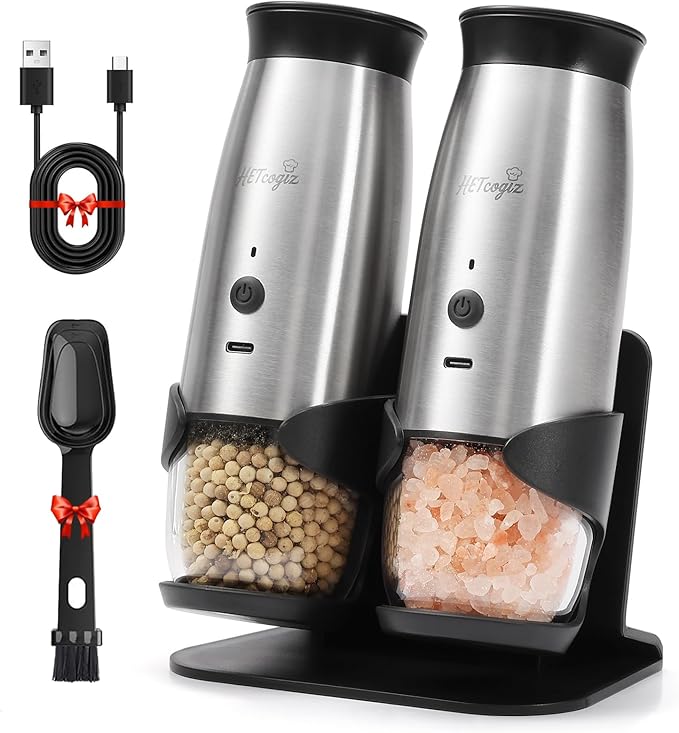 Electric Salt and Pepper Grinder Set with Safe Base, Automatic Mill by Gravity,Adjustable Coarseness with LED,Larger Rechargeable Battery,Easy filling,2 Pack Kitchen Tools