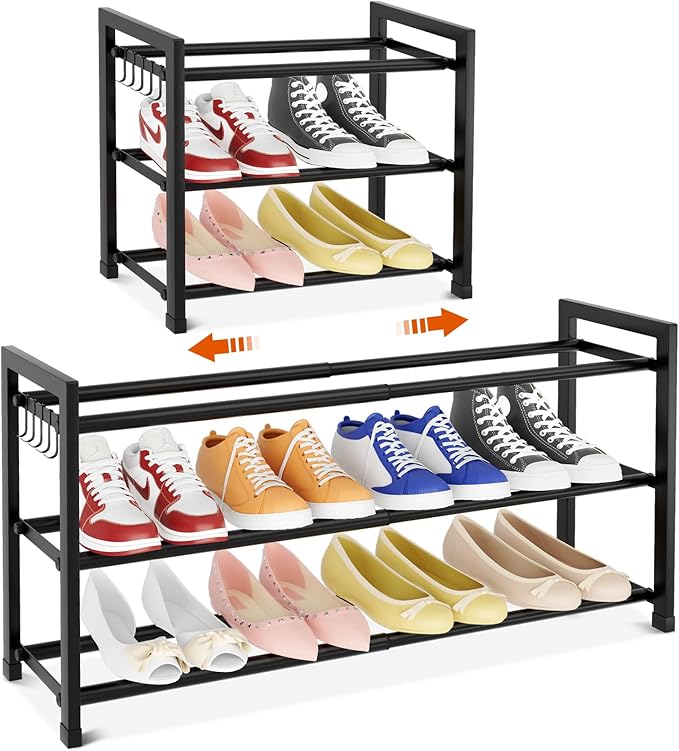 Expandable Shoe Rack for Closet Adjustable Metal Shoe Rack for Entryway 18.5"-33" Free Standing Shoe Organizer 12 Pairs with Hooks 3-Tier Small Shoe Shelf for Bedroom Garage Dorm Floor, Black