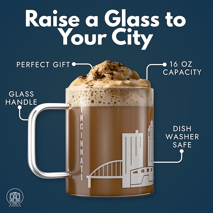Greenline Goods – Cincinnati, OH Skyline Glass Coffee Mugs (Set of 2), 15 oz – Etched Wrap Design