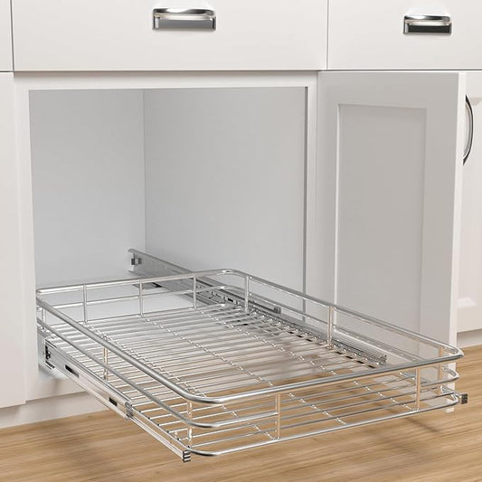Pull Out Cabinet Organizer (16.4" W x 21" D), Put Out Shelves for Kitchen Cabinets, Roll Out Drawers Heavy-Duty Metal Sliding Shelf, Bottom Mount