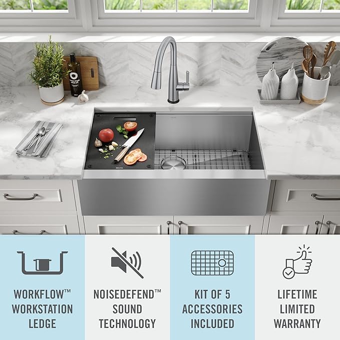 DELTA FAUCET Rivet 33-inch Workstation Farmhouse Apron Front Kitchen Sink Undermount 16 Gauge Stainless Steel Single Bowl with WorkFlow Ledge and Kit of 5 Accessories, 95C9031-33S-SS