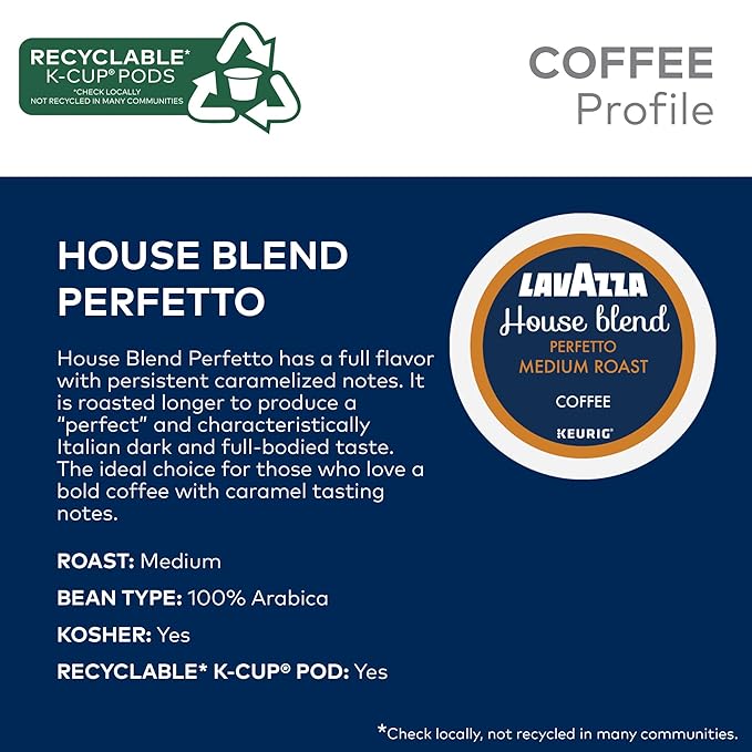 Lavazza House Blend Perfetto, Single-Serve Keurig K-Cup Pods, Medium Roast Coffee, 60-Count Box (6 Packs of 10)