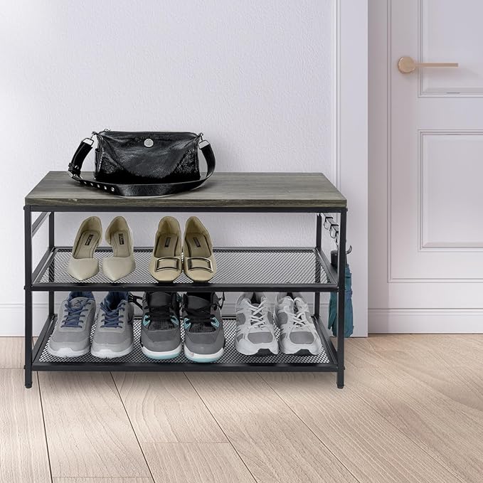 MyGift 28 Inch Black Metal Shoe Stand with 2 Mesh Shelves Rack and Vintage Gray Solid Wood Top Storage Shelf, 3-Tier Rustic Industrial Entryway Organizer Bench Includes 4 Hanger Hooks
