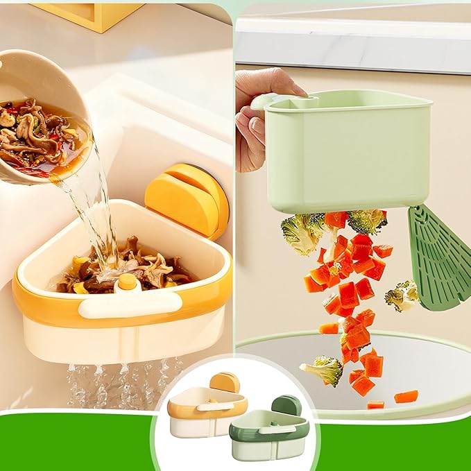 Suction Cup Sink Corner Rack,Sink Strainer Basket,Plastic Sink Storage Rack Holder,Triangle Sink Filter Basket,Corner Sink Trash Catcher for Food Waste (Green)