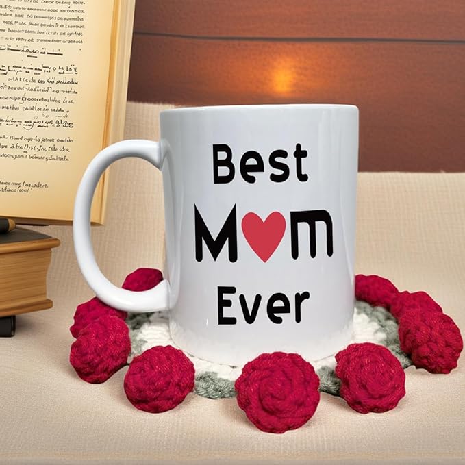 Mothers Day Best Mom Coffee Mug with Handmade Crochet Rose Coaster, Best Mom Ever Unique Christmas or Birthday Gifts Idea for Mother Mama Mommy Porcelain Cup White, 11 Oz