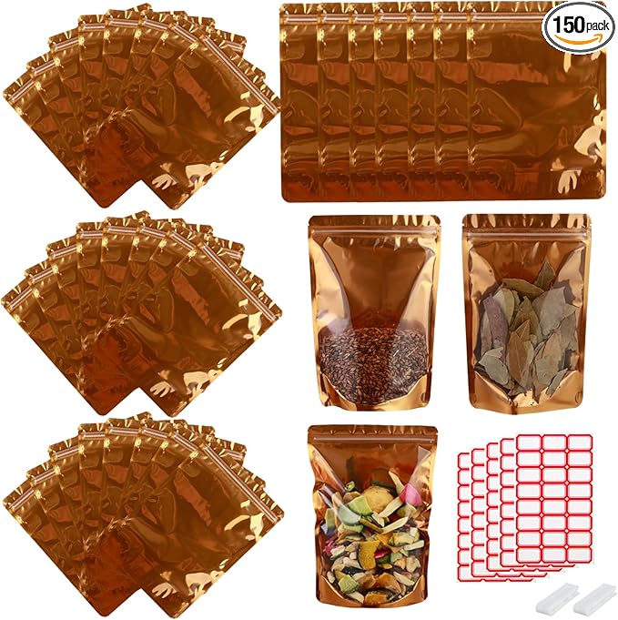 150-pack 5.9” x 8.7” Stand Up Mylar Bags with Clear Window Resealable Foil Pouches for Food Storage Smell Proof Edible Packaging Bag for Jewelry and Small Business Bulk, Golden