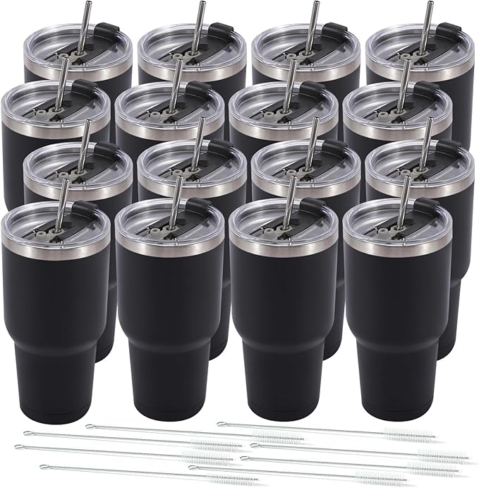 Dongni 30 oz Tumbler with Lid and Straw, Stainless Steel Tumblers Bulk, Insulated Vacuum Double Wall Travel Coffee Mug, Durable Powder Coated Tumbler Cups（Black 16 pack）