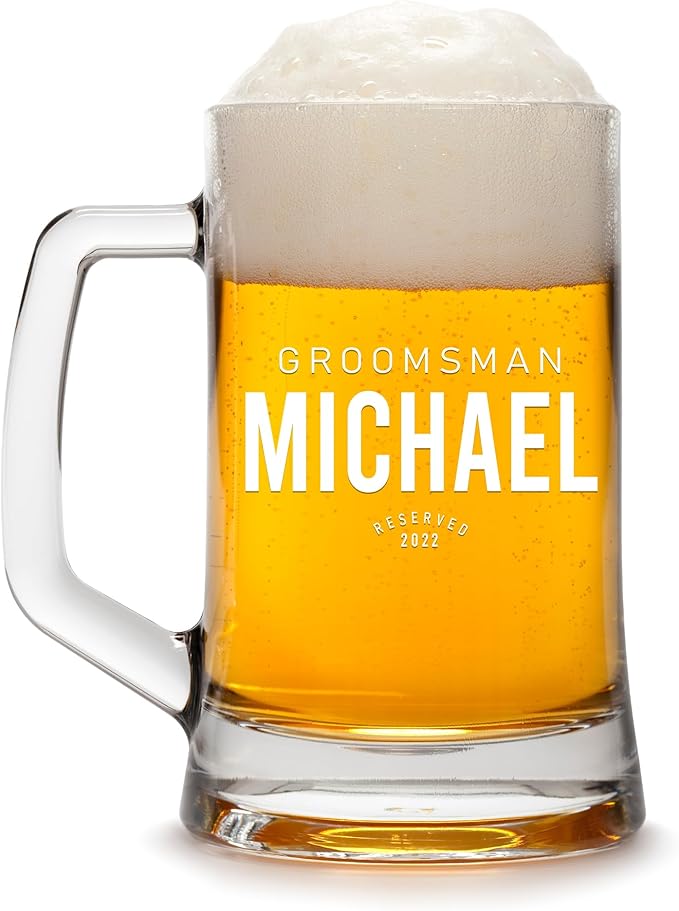 Groomsmen Gifts - Personalized Beer Mugs - Groomsmen Proposal Gift Idea - Customized Gift for Groom, Best Man, Groomsman - Custom Engraved Beer Mugs for Grooms Men - Groomsmen Beer Glasses (Design E)