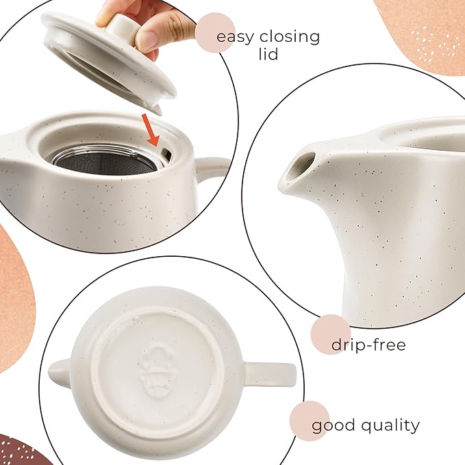 Ceramic Teapot with Infuser - 40 oz Large Teapot with Strainer - Tea Pot Ceramic for Loose Tea - Ceramic Tea Pots for Tea (Warm Grey/Beige)