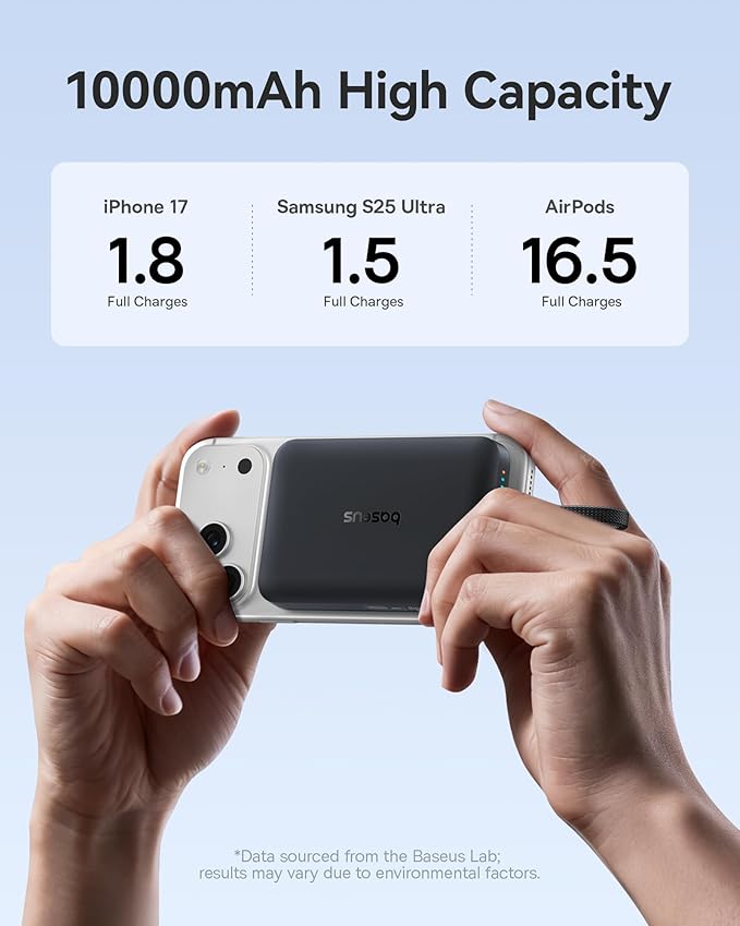Baseus Magsafe Power Bank, 10,000mAh 30W Magnetic Portable Charger, Fast Charging Wireless Battery Pack with Built-in Braided USB-C Cable for iPhone 17 Pro Max/Air/16/15/14/13, AirPods, iPad and More