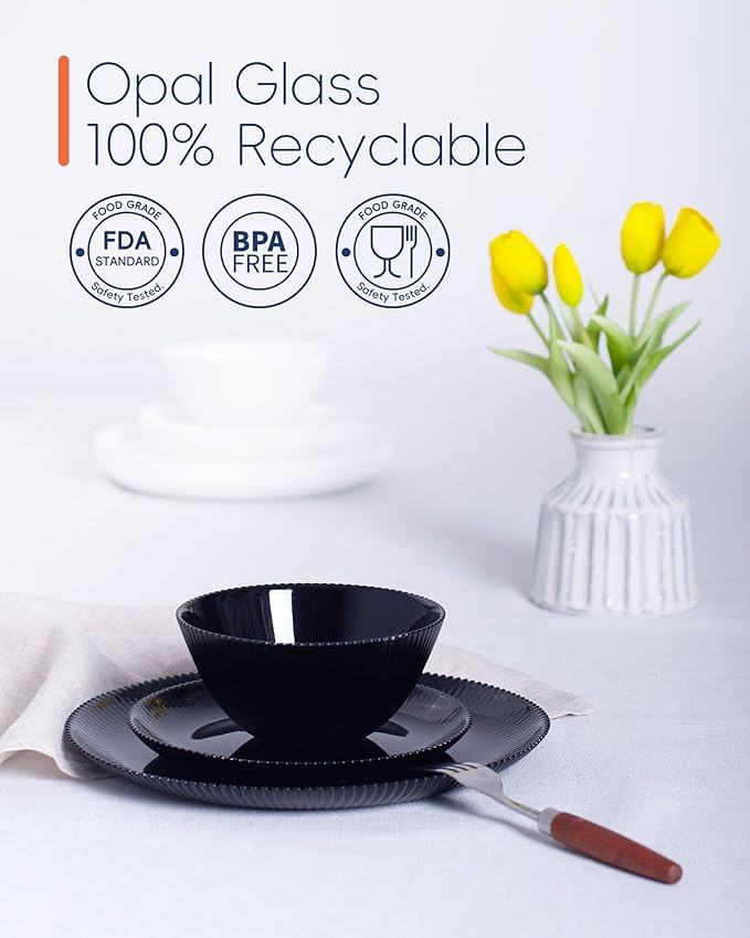 Dinnerware Sets for 4, 12 Pieces Opal Glass Plates and Bowls Set, Dishwasher and Microwave Safe Ribbed Dish Dinning Ware, Chip and Scratch Resistant Dishware, Black