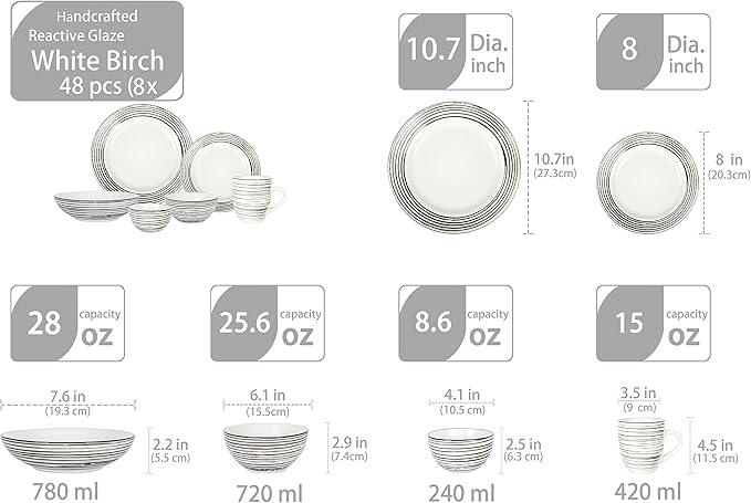 48 Piece Dinnerware Set, Ceramic Plates and Bowls Sets for 8, Microwave and Dishwasher Safe, Handcrafted Tree Bark Series Dish Set, White Birch