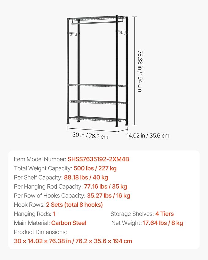 VEVOR Clothing Garment Rack, Heavy Duty Closet Wardrobe, Adjustable Tiers Clothes Racks with Steel Frame, for Bedroom, Clothing Store, Hallway