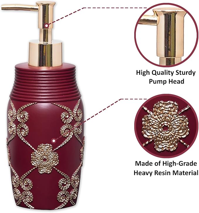 Zahari Home 4pc Elegant Rose Burgundy Bathroom Set Classic Bathroom Lotion Dispenser, Tumbler, Toothbrush Case and Bar Soap Holder Modern Uunique Design Burgundy Red Bathroom Accessories